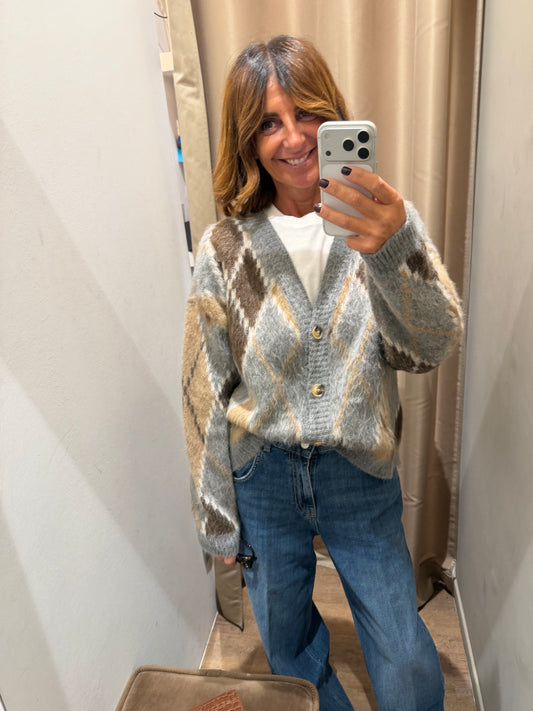 Cardigan Tricot a Rombi Grigio e Marrone
