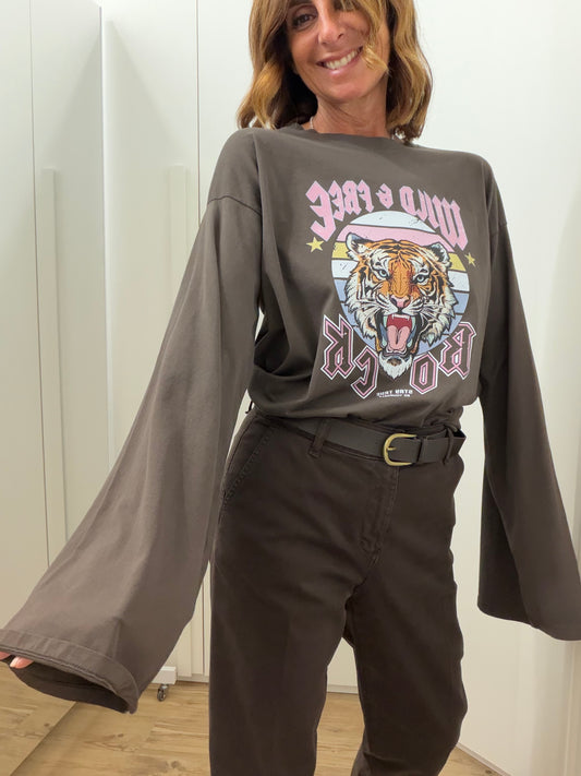 T-shirt a Manica Calla con Stampa Tigre