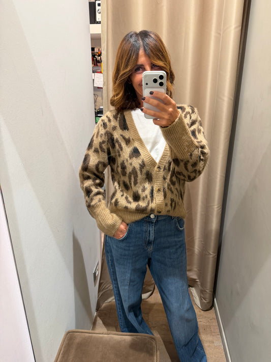 Cardigan a V Animalier Maculato Toni del Cammello