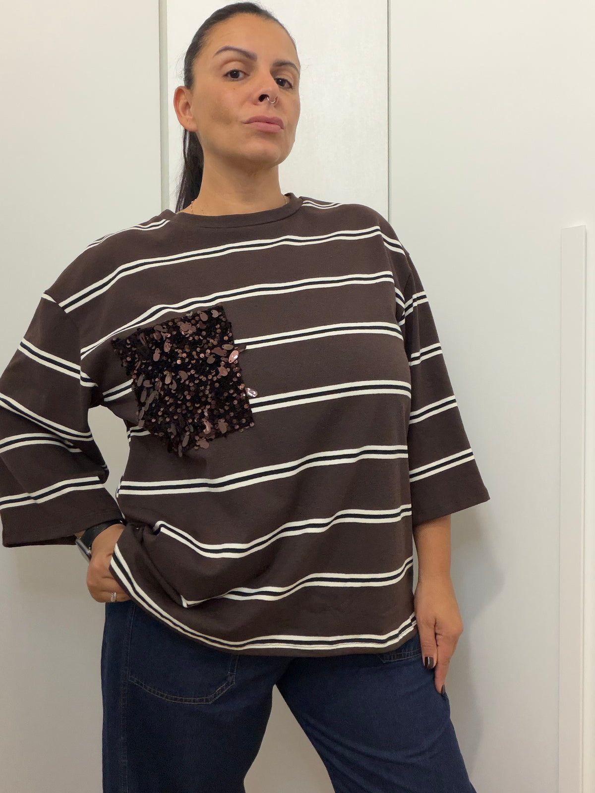 T-shirt Manica Trequarti con Tasca Paillettes ART.STS7423 SUSYSTAR