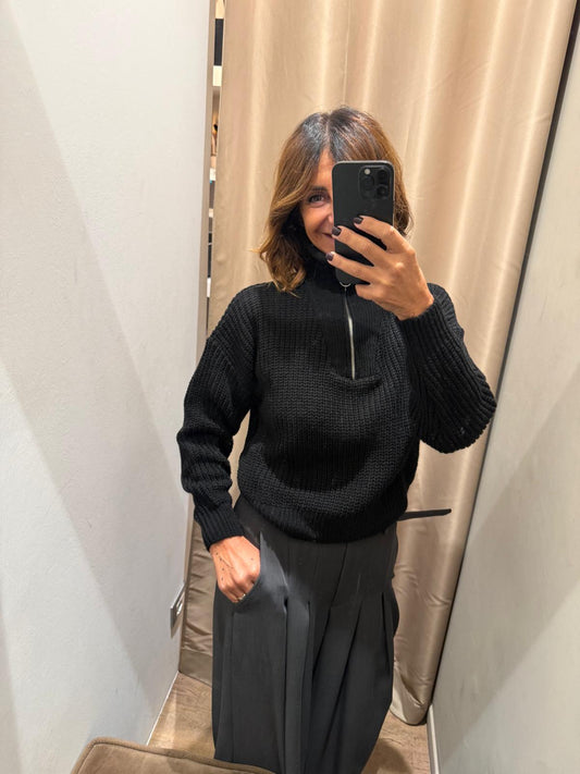 Pullover a Coste con Collo Alto e Zip